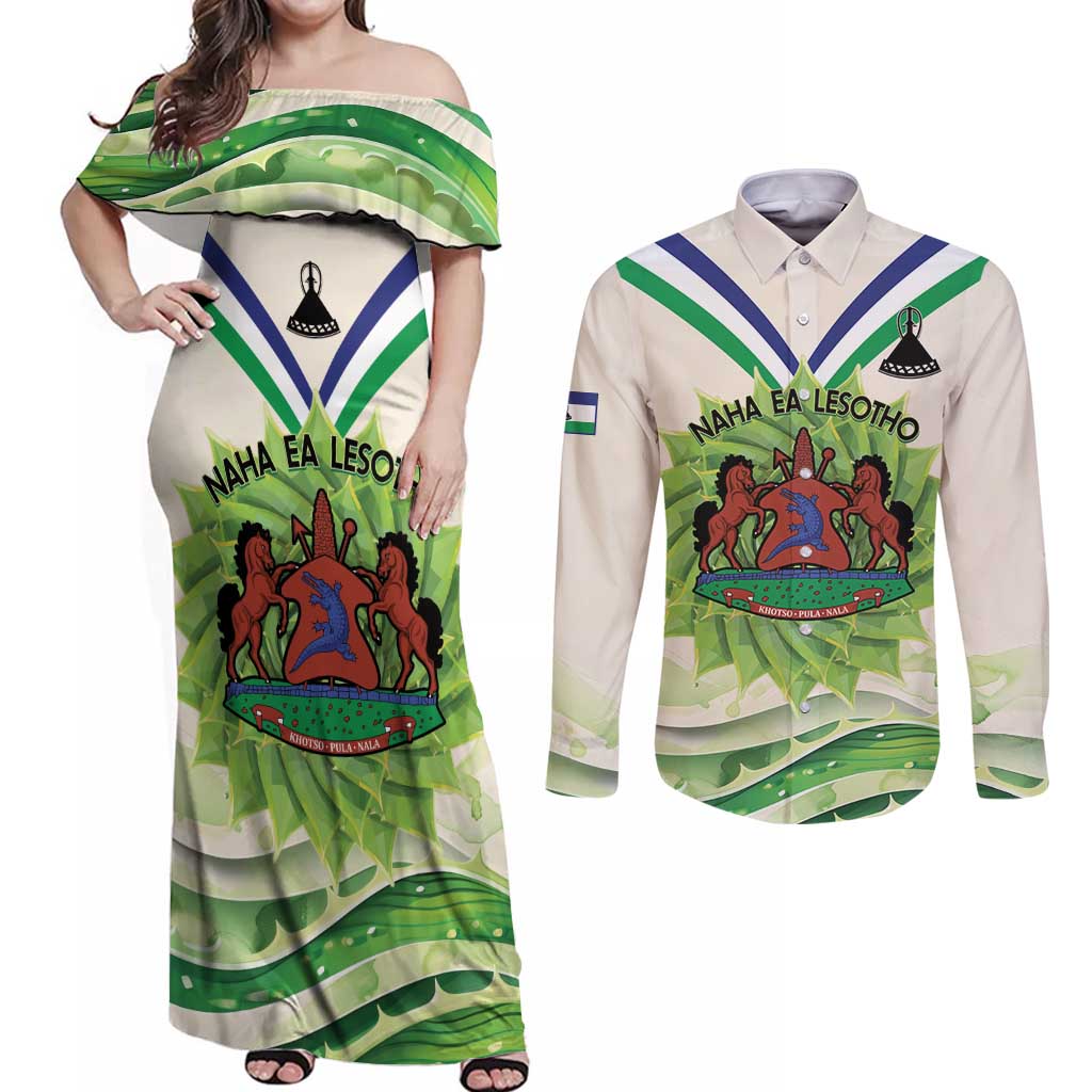Personalised Lesotho Independence Day Couples Matching Off Shoulder Maxi Dress and Long Sleeve Button Shirt Aloe Polyphylla Mix Coat Of Arms - Wonder Print Shop