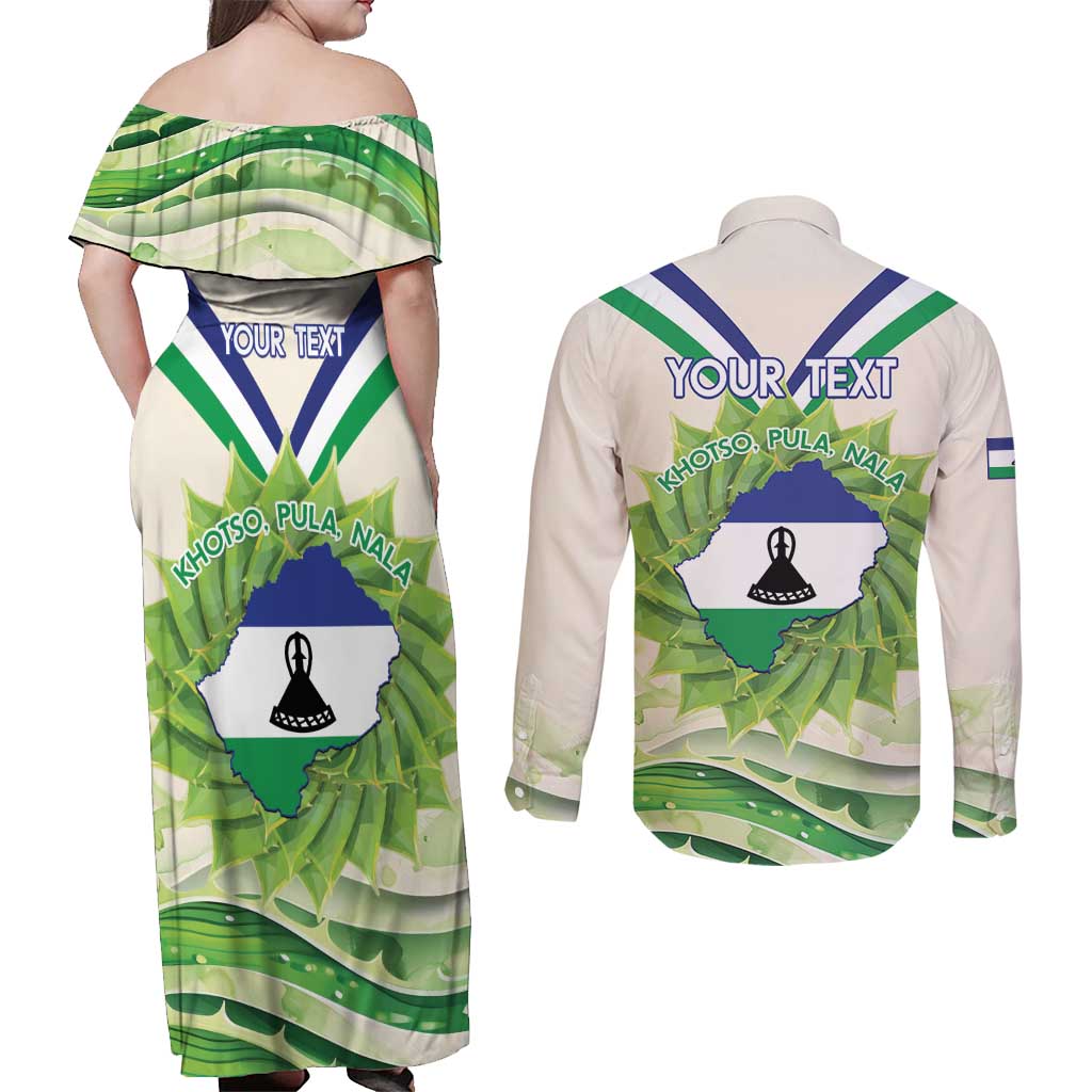 Personalised Lesotho Independence Day Couples Matching Off Shoulder Maxi Dress and Long Sleeve Button Shirt Aloe Polyphylla Mix Coat Of Arms - Wonder Print Shop