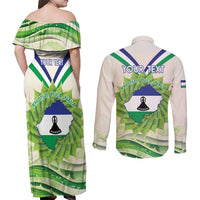 Personalised Lesotho Independence Day Couples Matching Off Shoulder Maxi Dress and Long Sleeve Button Shirt Aloe Polyphylla Mix Coat Of Arms - Wonder Print Shop