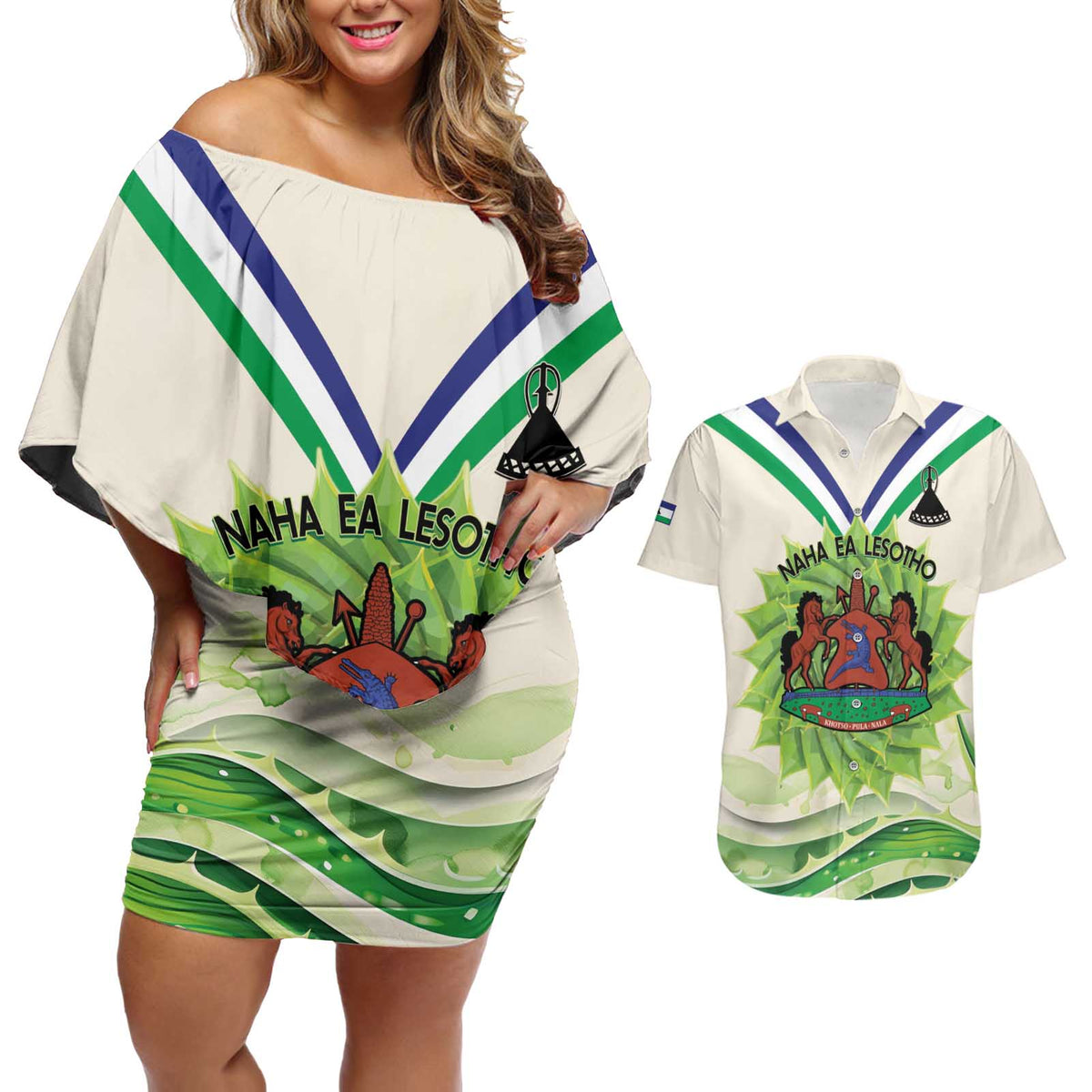 Personalised Lesotho Independence Day Couples Matching Off Shoulder Short Dress and Hawaiian Shirt Aloe Polyphylla Mix Coat Of Arms - Wonder Print Shop
