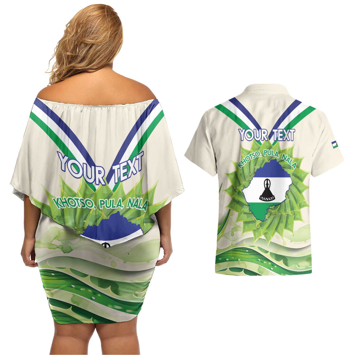 Personalised Lesotho Independence Day Couples Matching Off Shoulder Short Dress and Hawaiian Shirt Aloe Polyphylla Mix Coat Of Arms - Wonder Print Shop