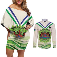 Personalised Lesotho Independence Day Couples Matching Off Shoulder Short Dress and Long Sleeve Button Shirt Aloe Polyphylla Mix Coat Of Arms - Wonder Print Shop