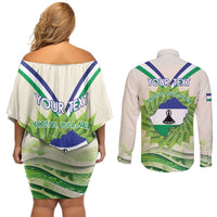 Personalised Lesotho Independence Day Couples Matching Off Shoulder Short Dress and Long Sleeve Button Shirt Aloe Polyphylla Mix Coat Of Arms - Wonder Print Shop