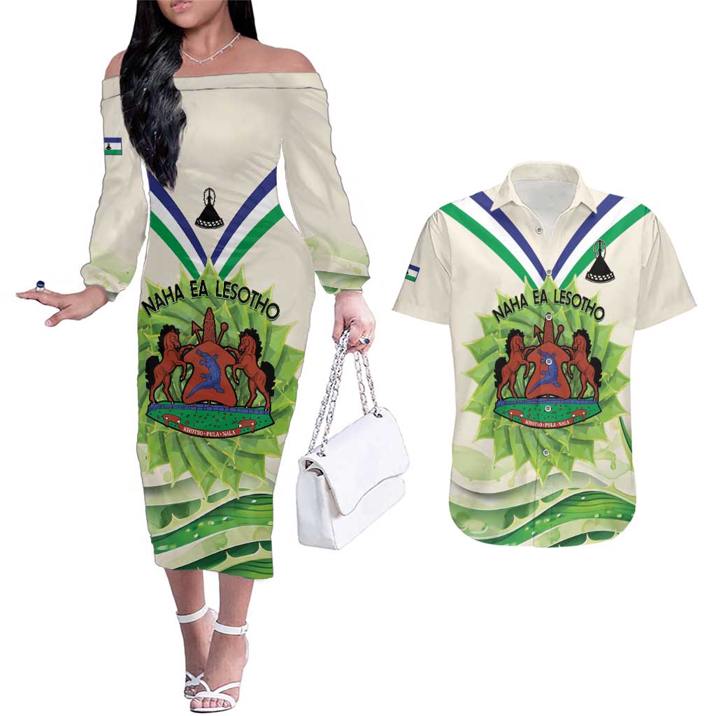 Personalised Lesotho Independence Day Couples Matching Off The Shoulder Long Sleeve Dress and Hawaiian Shirt Aloe Polyphylla Mix Coat Of Arms - Wonder Print Shop