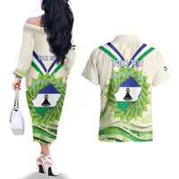 Personalised Lesotho Independence Day Couples Matching Off The Shoulder Long Sleeve Dress and Hawaiian Shirt Aloe Polyphylla Mix Coat Of Arms - Wonder Print Shop
