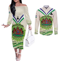 Personalised Lesotho Independence Day Couples Matching Off The Shoulder Long Sleeve Dress and Long Sleeve Button Shirt Aloe Polyphylla Mix Coat Of Arms