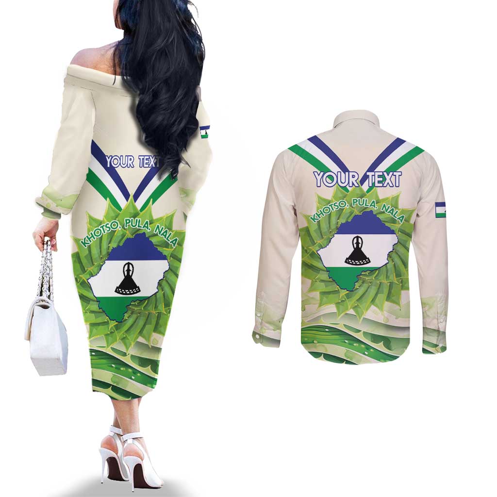 Personalised Lesotho Independence Day Couples Matching Off The Shoulder Long Sleeve Dress and Long Sleeve Button Shirt Aloe Polyphylla Mix Coat Of Arms