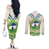 Personalised Lesotho Independence Day Couples Matching Off The Shoulder Long Sleeve Dress and Long Sleeve Button Shirt Aloe Polyphylla Mix Coat Of Arms