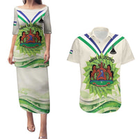 Personalised Lesotho Independence Day Couples Matching Puletasi and Hawaiian Shirt Aloe Polyphylla Mix Coat Of Arms - Wonder Print Shop