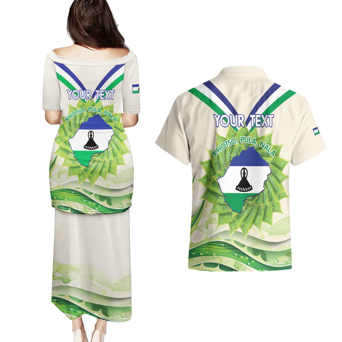 Personalised Lesotho Independence Day Couples Matching Puletasi and Hawaiian Shirt Aloe Polyphylla Mix Coat Of Arms - Wonder Print Shop
