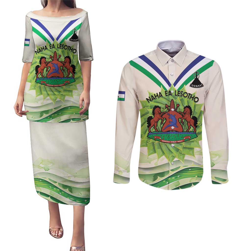 Personalised Lesotho Independence Day Couples Matching Puletasi and Long Sleeve Button Shirt Aloe Polyphylla Mix Coat Of Arms - Wonder Print Shop