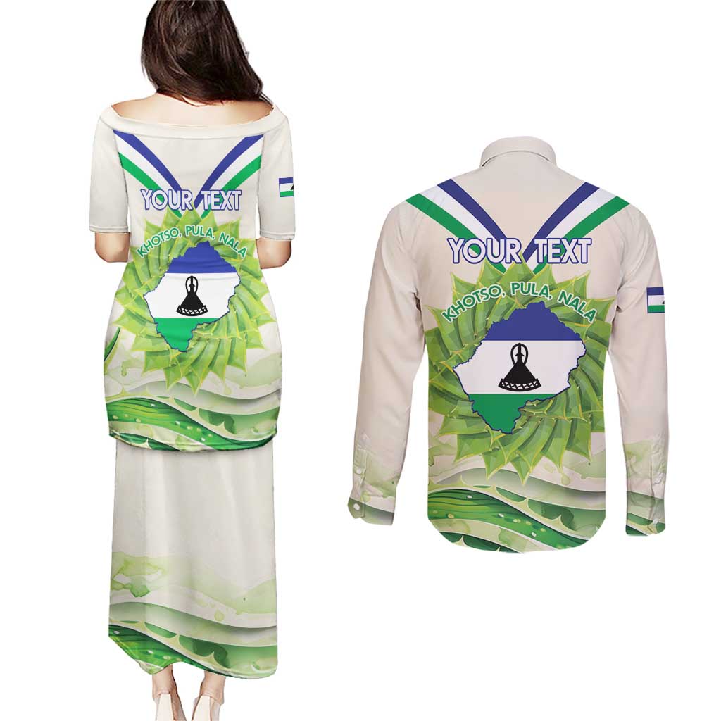 Personalised Lesotho Independence Day Couples Matching Puletasi and Long Sleeve Button Shirt Aloe Polyphylla Mix Coat Of Arms - Wonder Print Shop