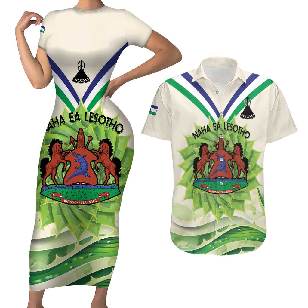 Personalised Lesotho Independence Day Couples Matching Short Sleeve Bodycon Dress and Hawaiian Shirt Aloe Polyphylla Mix Coat Of Arms - Wonder Print Shop