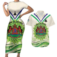 Personalised Lesotho Independence Day Couples Matching Short Sleeve Bodycon Dress and Hawaiian Shirt Aloe Polyphylla Mix Coat Of Arms - Wonder Print Shop