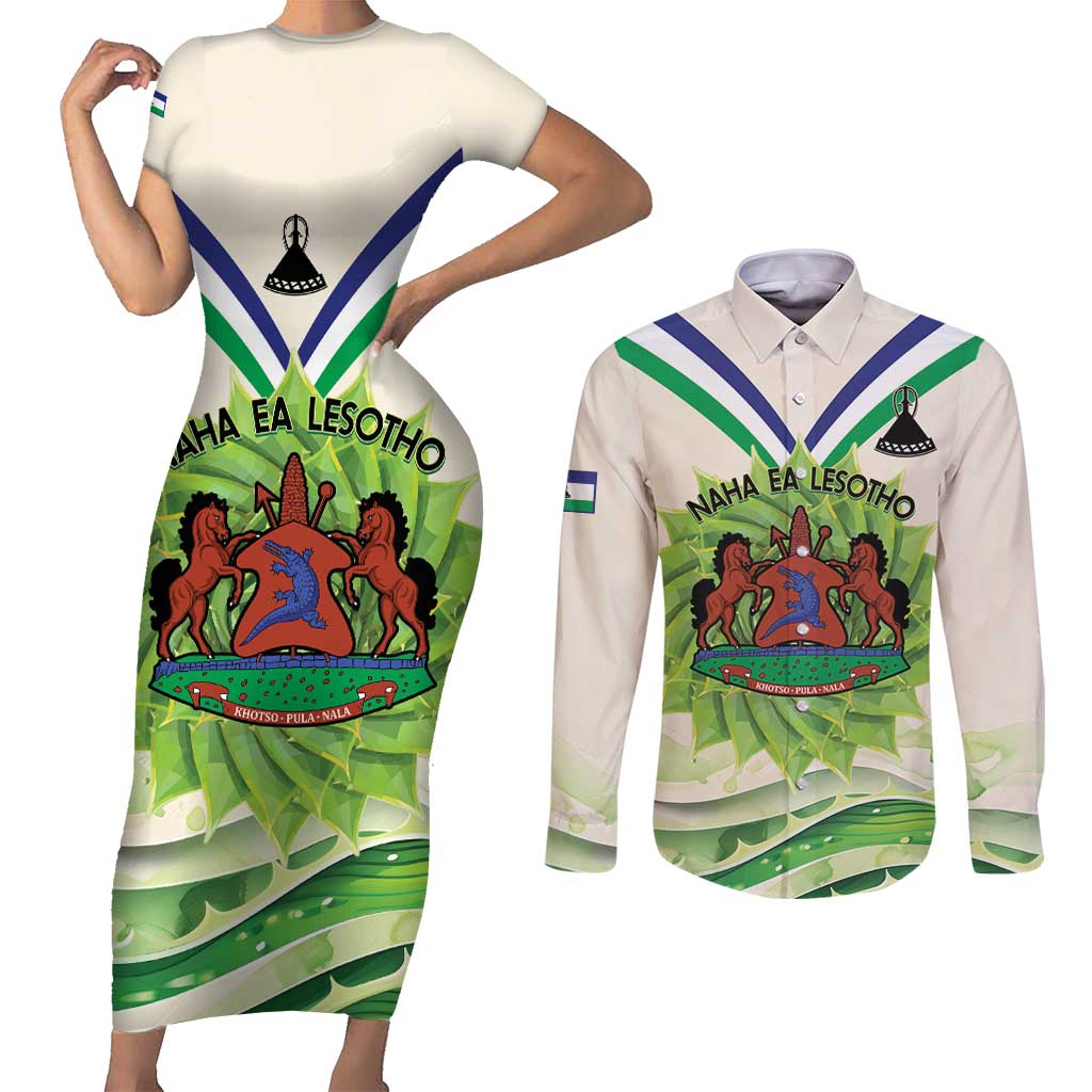 Personalised Lesotho Independence Day Couples Matching Short Sleeve Bodycon Dress and Long Sleeve Button Shirt Aloe Polyphylla Mix Coat Of Arms - Wonder Print Shop