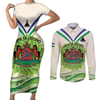 Personalised Lesotho Independence Day Couples Matching Short Sleeve Bodycon Dress and Long Sleeve Button Shirt Aloe Polyphylla Mix Coat Of Arms - Wonder Print Shop