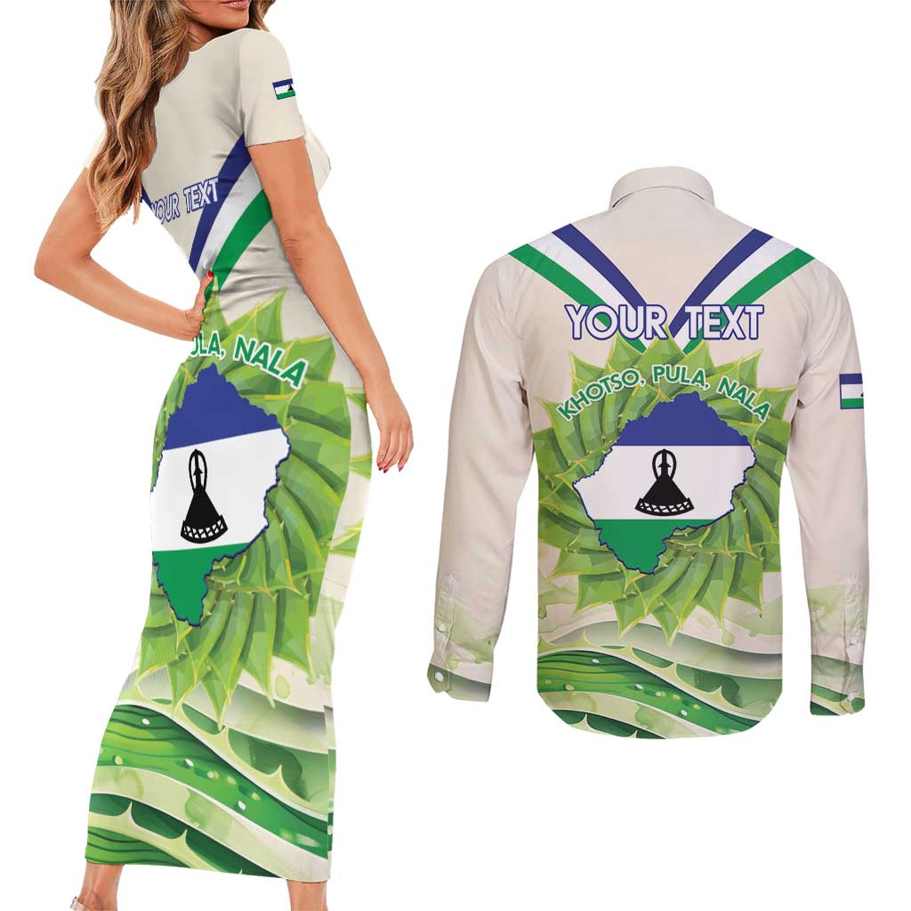 Personalised Lesotho Independence Day Couples Matching Short Sleeve Bodycon Dress and Long Sleeve Button Shirt Aloe Polyphylla Mix Coat Of Arms - Wonder Print Shop