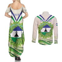 Personalised Lesotho Independence Day Couples Matching Summer Maxi Dress and Long Sleeve Button Shirt Aloe Polyphylla Mix Coat Of Arms - Wonder Print Shop