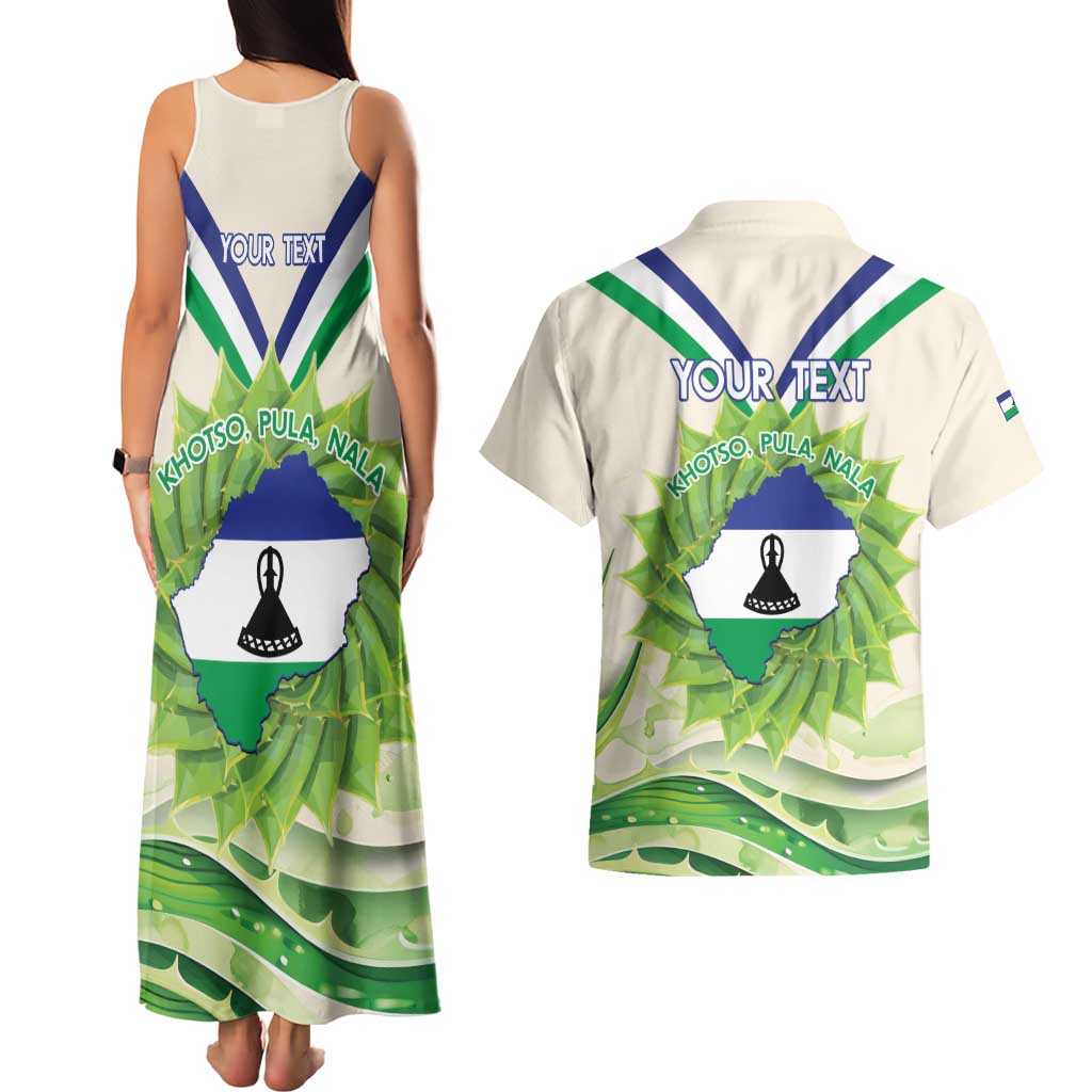Personalised Lesotho Independence Day Couples Matching Tank Maxi Dress and Hawaiian Shirt Aloe Polyphylla Mix Coat Of Arms - Wonder Print Shop
