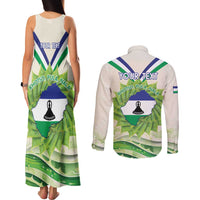 Personalised Lesotho Independence Day Couples Matching Tank Maxi Dress and Long Sleeve Button Shirt Aloe Polyphylla Mix Coat Of Arms - Wonder Print Shop