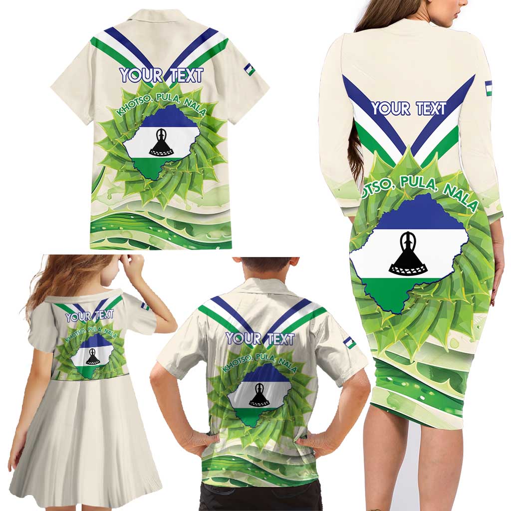 Personalised Lesotho Independence Day Family Matching Long Sleeve Bodycon Dress and Hawaiian Shirt Aloe Polyphylla Mix Coat Of Arms - Wonder Print Shop
