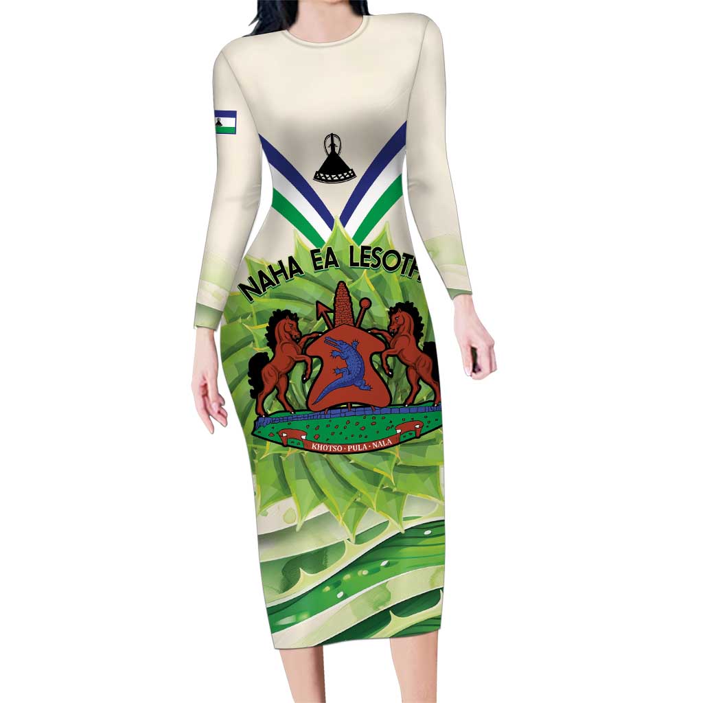 Personalised Lesotho Independence Day Family Matching Long Sleeve Bodycon Dress and Hawaiian Shirt Aloe Polyphylla Mix Coat Of Arms - Wonder Print Shop