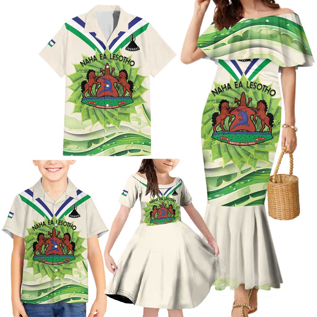 Personalised Lesotho Independence Day Family Matching Mermaid Dress and Hawaiian Shirt Aloe Polyphylla Mix Coat Of Arms - Wonder Print Shop