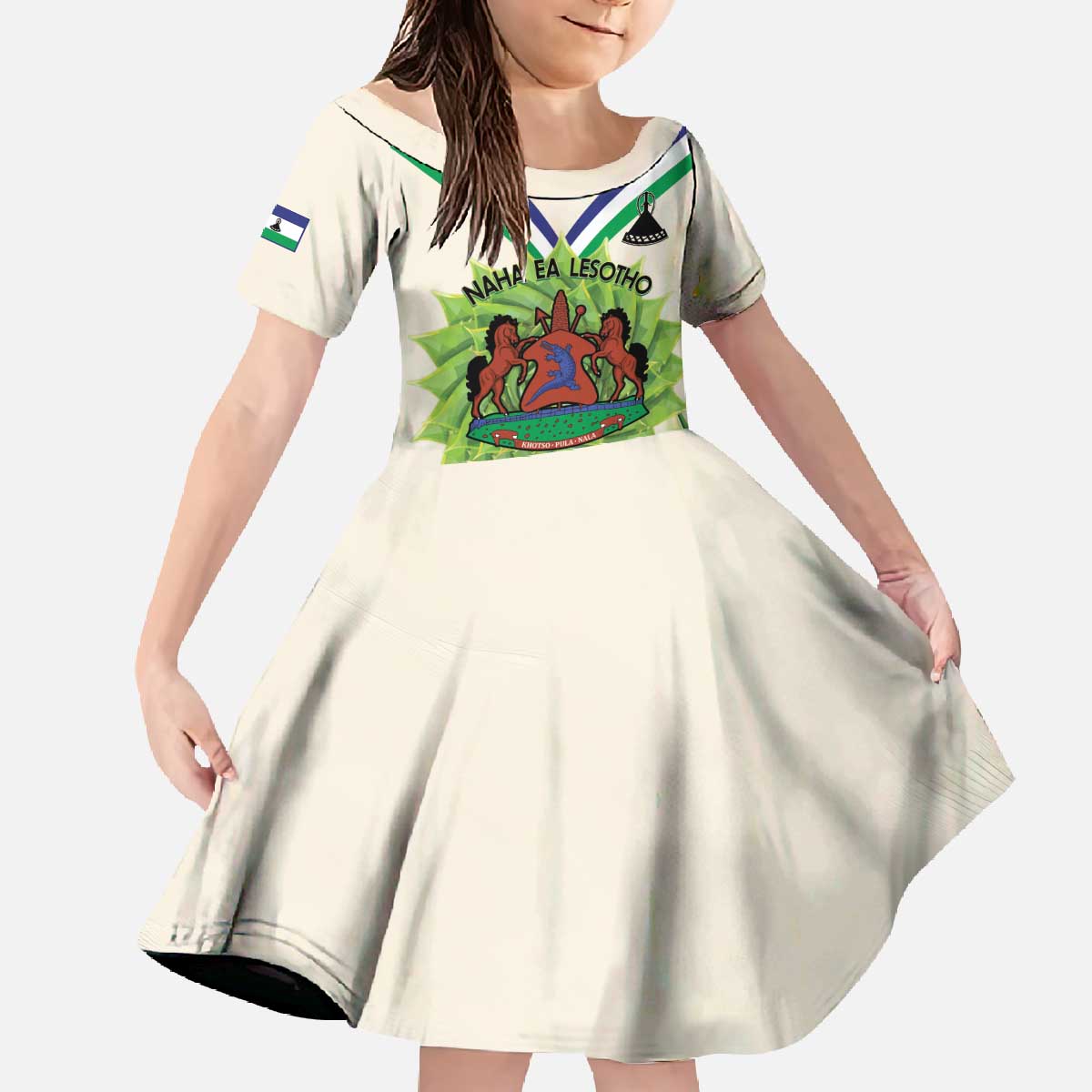 Personalised Lesotho Independence Day Family Matching Off The Shoulder Long Sleeve Dress and Hawaiian Shirt Aloe Polyphylla Mix Coat Of Arms - Wonder Print Shop