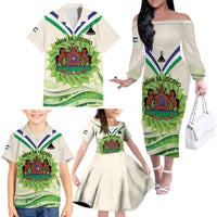 Personalised Lesotho Independence Day Family Matching Off The Shoulder Long Sleeve Dress and Hawaiian Shirt Aloe Polyphylla Mix Coat Of Arms - Wonder Print Shop
