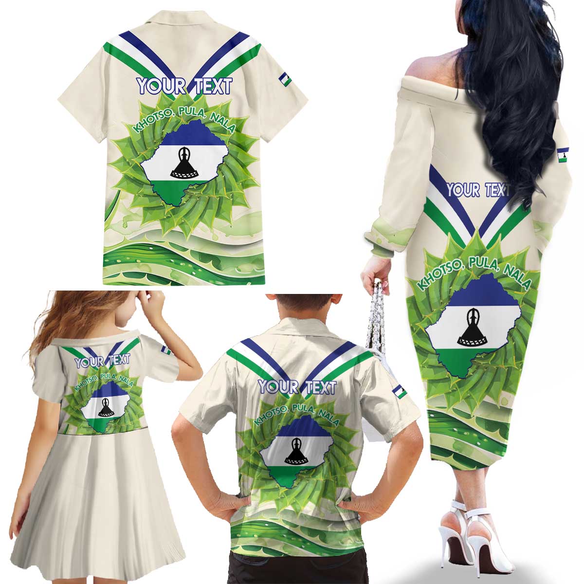 Personalised Lesotho Independence Day Family Matching Off The Shoulder Long Sleeve Dress and Hawaiian Shirt Aloe Polyphylla Mix Coat Of Arms - Wonder Print Shop