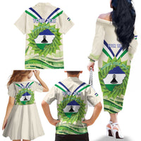 Personalised Lesotho Independence Day Family Matching Off The Shoulder Long Sleeve Dress and Hawaiian Shirt Aloe Polyphylla Mix Coat Of Arms - Wonder Print Shop
