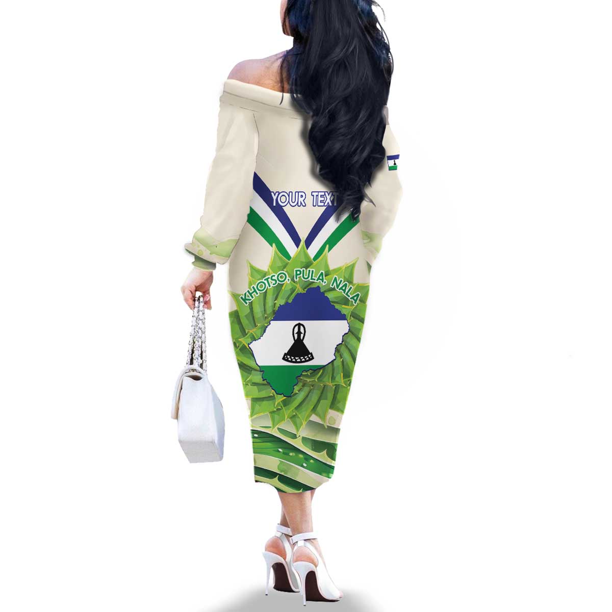 Personalised Lesotho Independence Day Family Matching Off The Shoulder Long Sleeve Dress and Hawaiian Shirt Aloe Polyphylla Mix Coat Of Arms - Wonder Print Shop