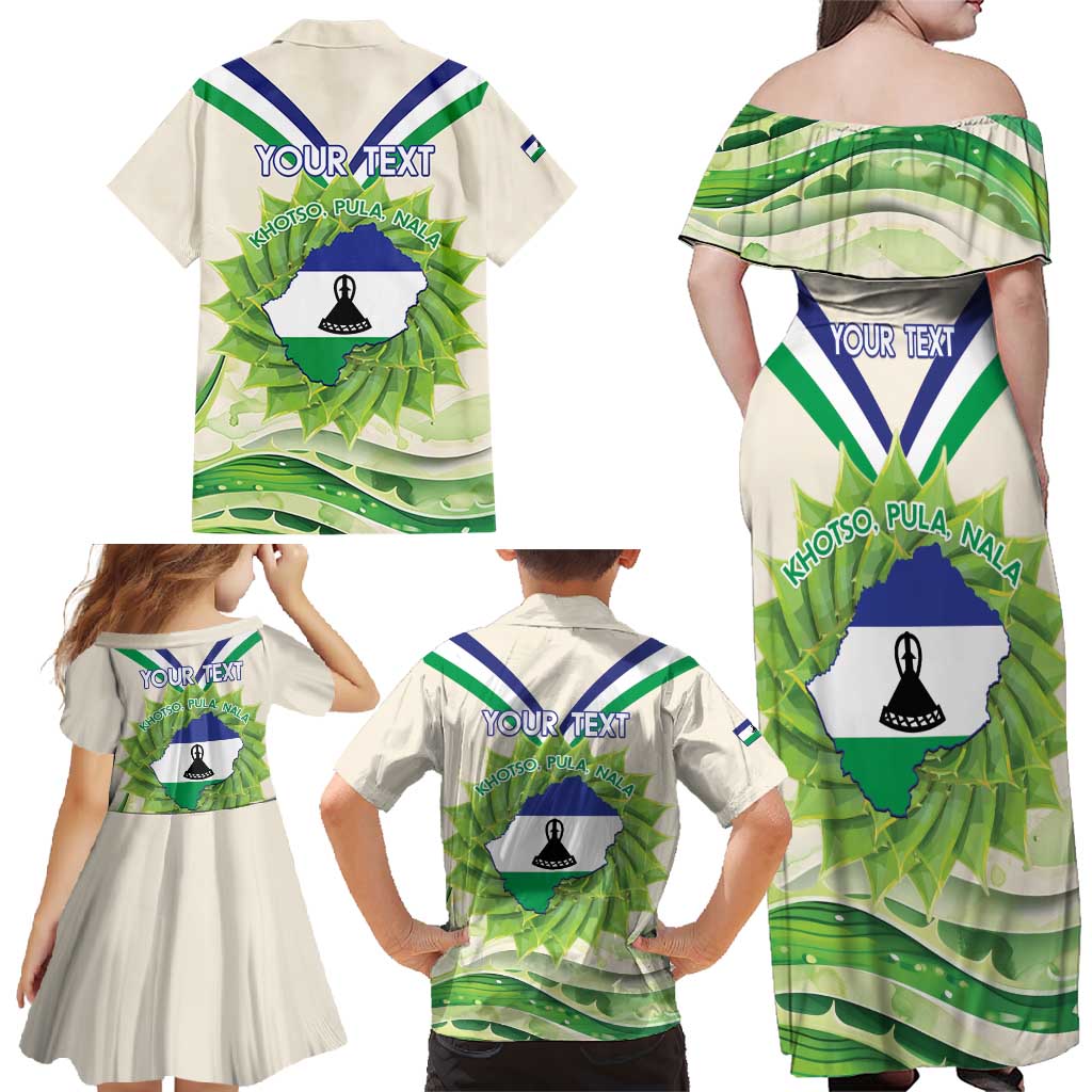 Personalised Lesotho Independence Day Family Matching Off Shoulder Maxi Dress and Hawaiian Shirt Aloe Polyphylla Mix Coat Of Arms - Wonder Print Shop