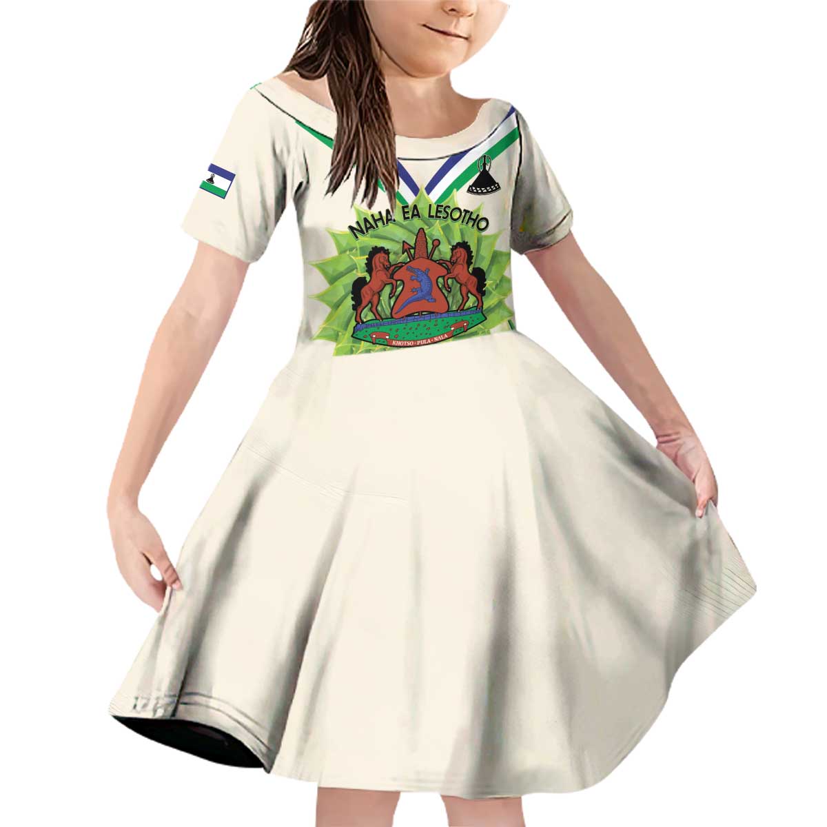 Personalised Lesotho Independence Day Family Matching Off Shoulder Short Dress and Hawaiian Shirt Aloe Polyphylla Mix Coat Of Arms - Wonder Print Shop
