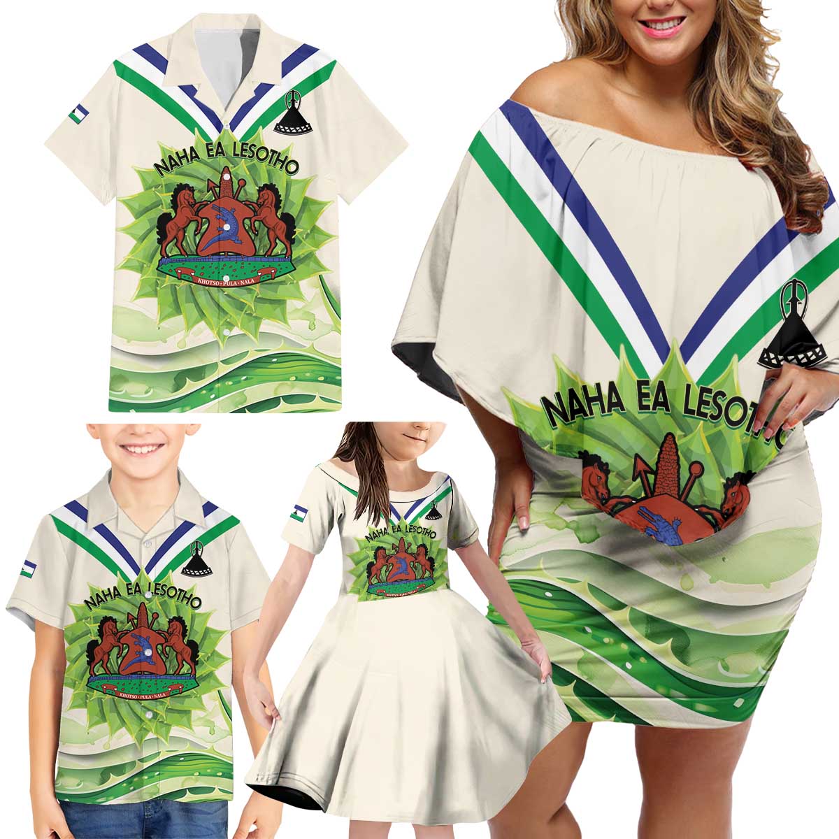 Personalised Lesotho Independence Day Family Matching Off Shoulder Short Dress and Hawaiian Shirt Aloe Polyphylla Mix Coat Of Arms - Wonder Print Shop