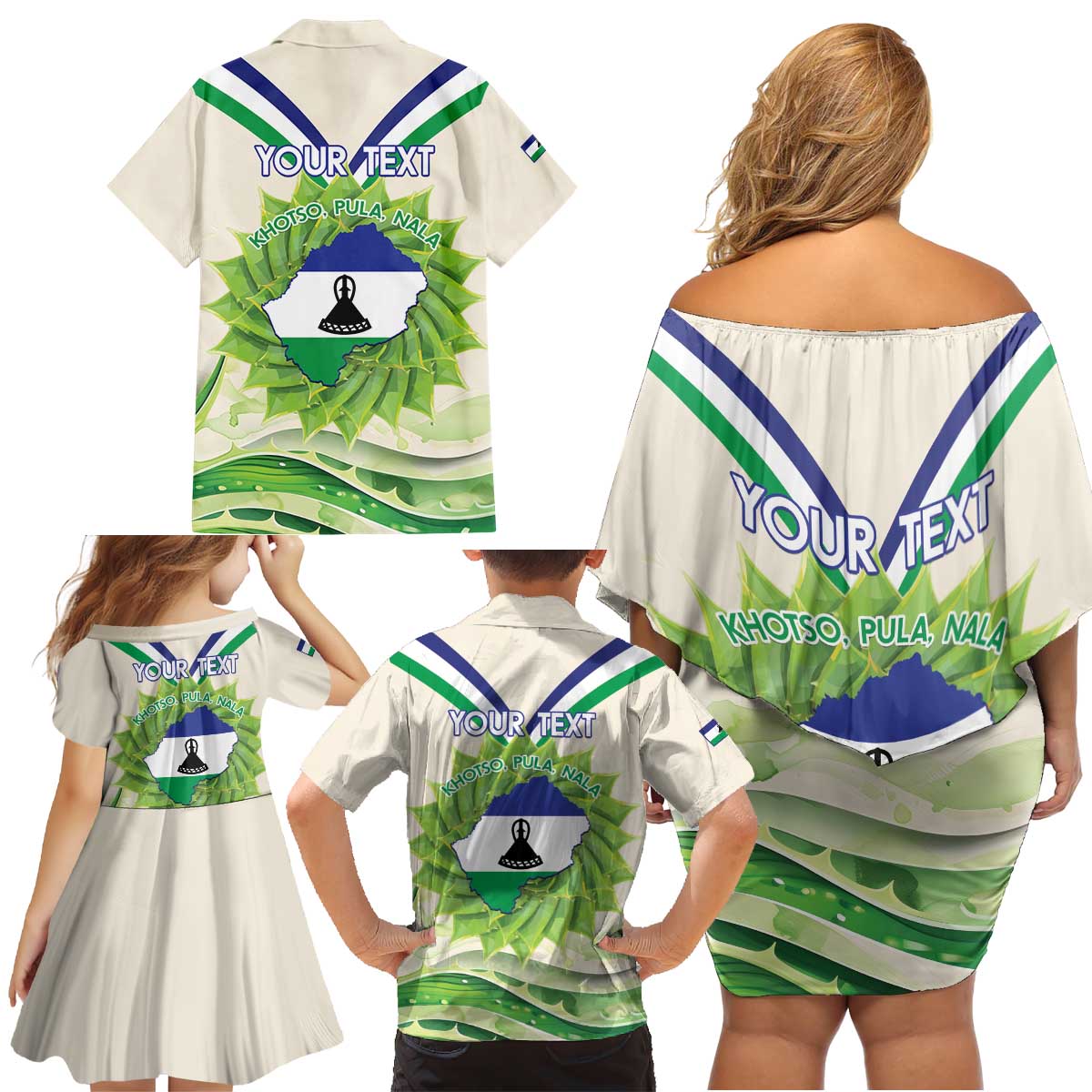 Personalised Lesotho Independence Day Family Matching Off Shoulder Short Dress and Hawaiian Shirt Aloe Polyphylla Mix Coat Of Arms - Wonder Print Shop