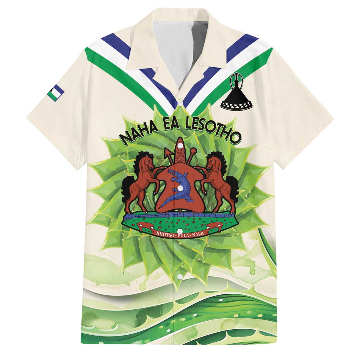 Personalised Lesotho Independence Day Family Matching Off Shoulder Short Dress and Hawaiian Shirt Aloe Polyphylla Mix Coat Of Arms - Wonder Print Shop