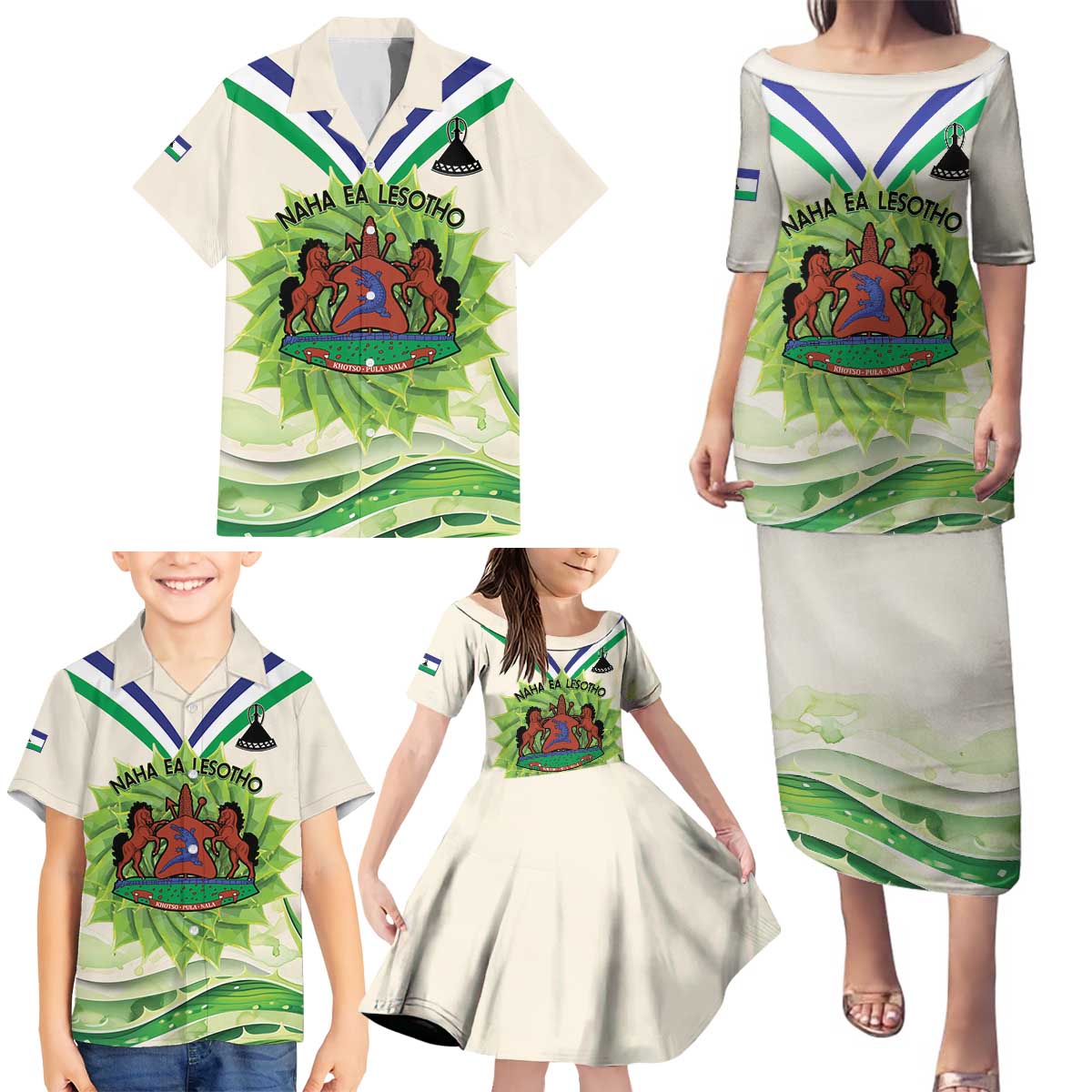 Personalised Lesotho Independence Day Family Matching Puletasi and Hawaiian Shirt Aloe Polyphylla Mix Coat Of Arms - Wonder Print Shop