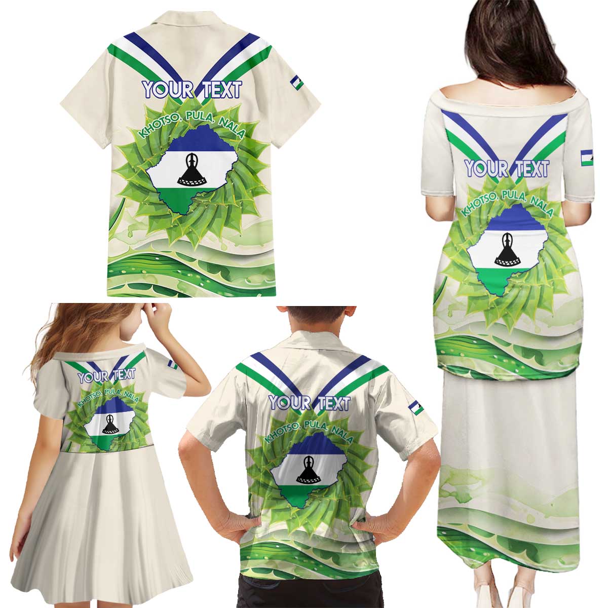 Personalised Lesotho Independence Day Family Matching Puletasi and Hawaiian Shirt Aloe Polyphylla Mix Coat Of Arms - Wonder Print Shop