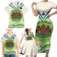 Personalised Lesotho Independence Day Family Matching Short Sleeve Bodycon Dress and Hawaiian Shirt Aloe Polyphylla Mix Coat Of Arms - Wonder Print Shop