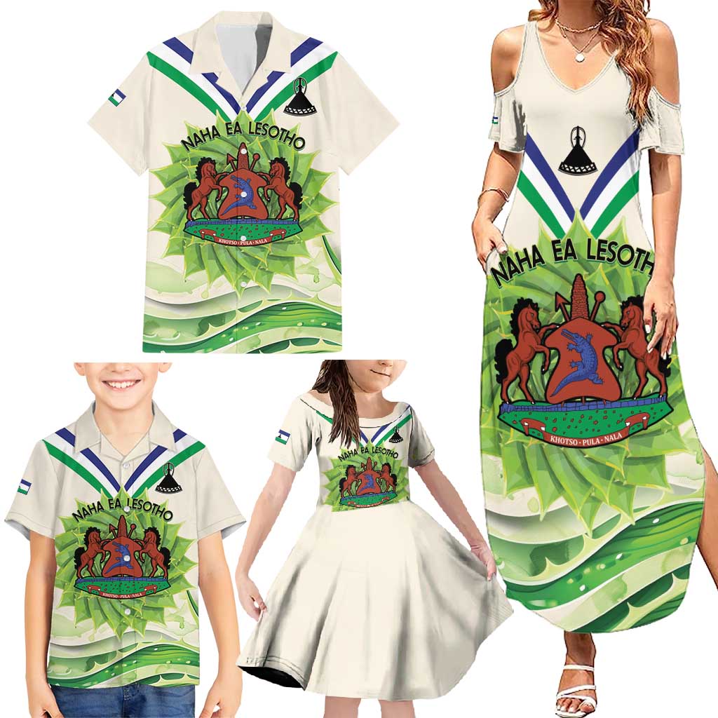 Personalised Lesotho Independence Day Family Matching Summer Maxi Dress and Hawaiian Shirt Aloe Polyphylla Mix Coat Of Arms - Wonder Print Shop