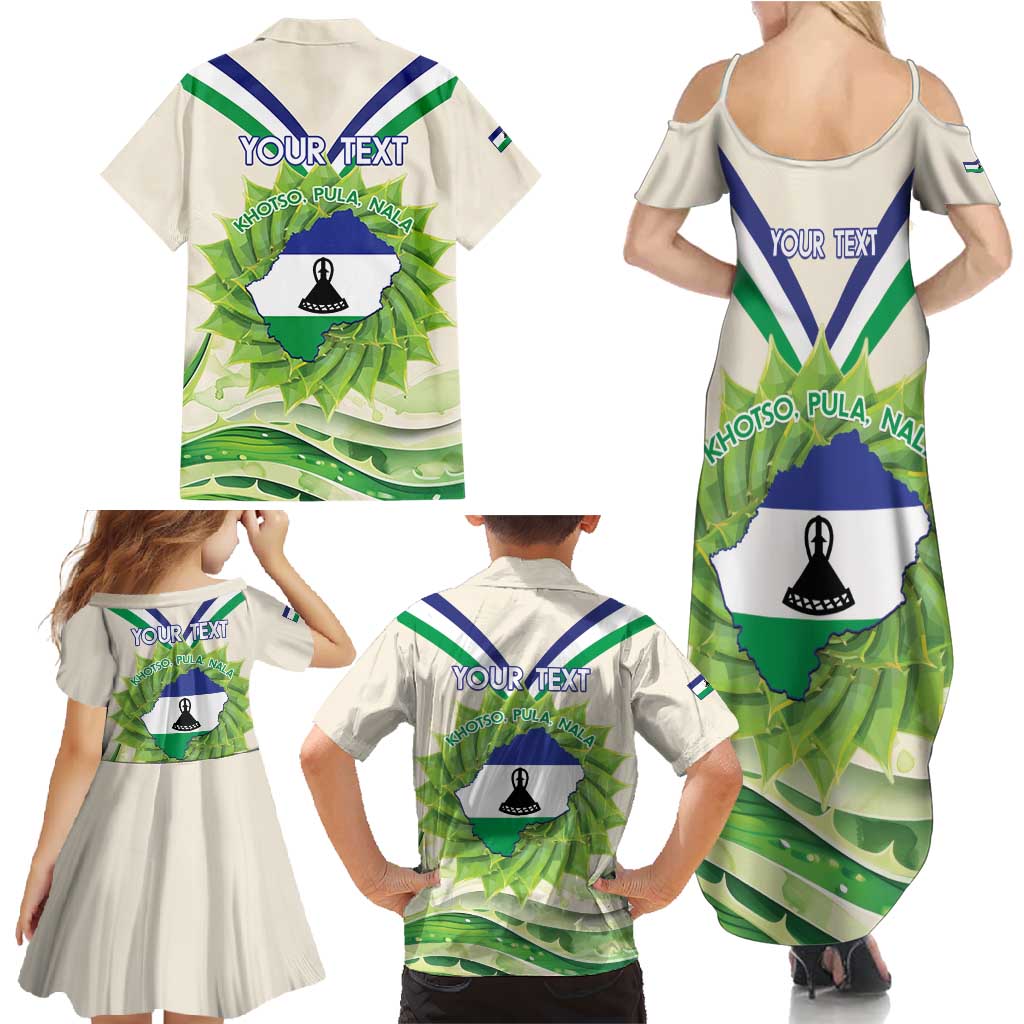Personalised Lesotho Independence Day Family Matching Summer Maxi Dress and Hawaiian Shirt Aloe Polyphylla Mix Coat Of Arms - Wonder Print Shop