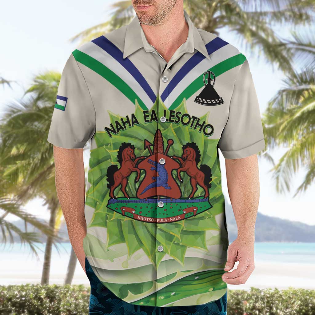 Personalised Lesotho Independence Day Hawaiian Shirt Aloe Polyphylla Mix Coat Of Arms - Wonder Print Shop