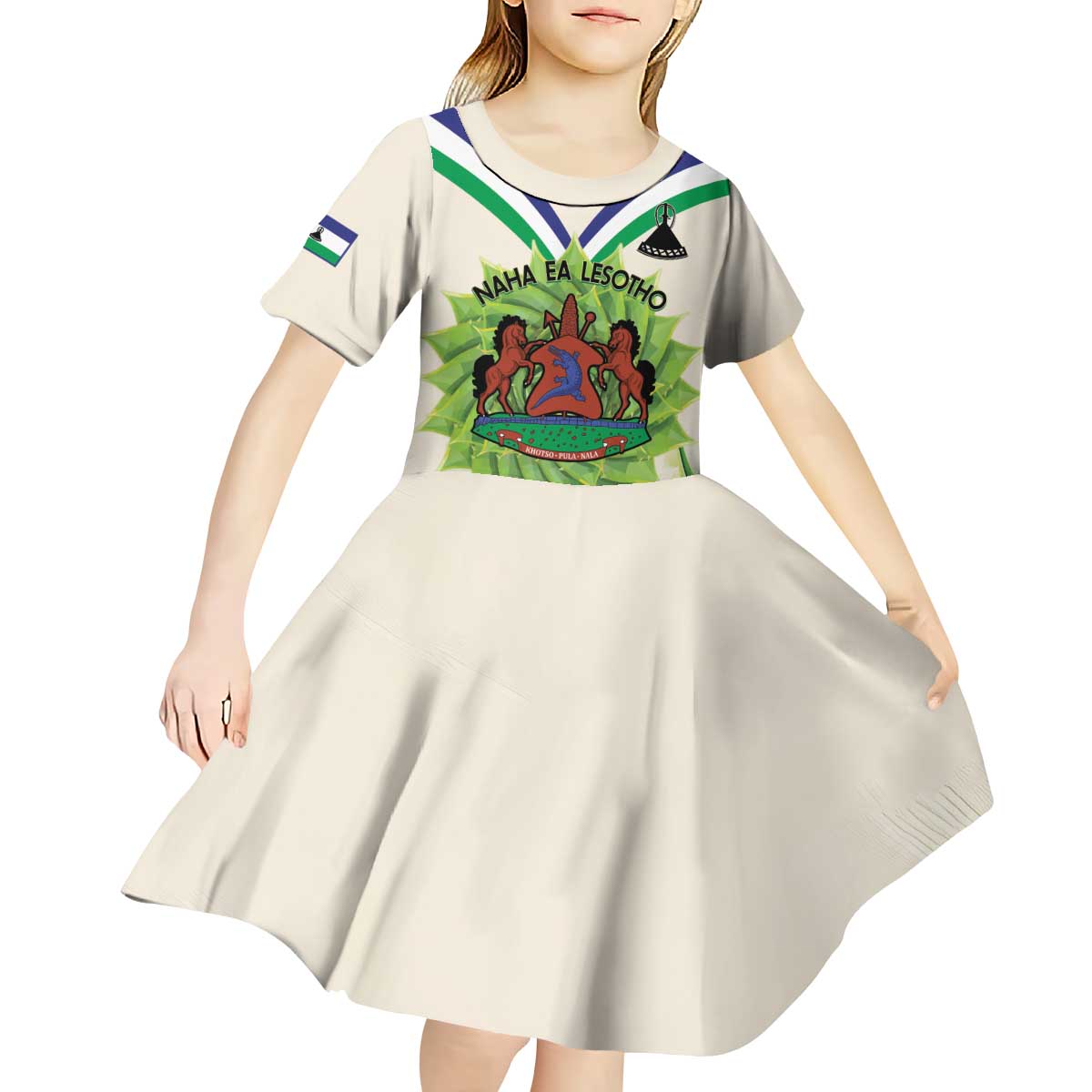 Personalised Lesotho Independence Day Kid Short Sleeve Dress Aloe Polyphylla Mix Coat Of Arms - Wonder Print Shop