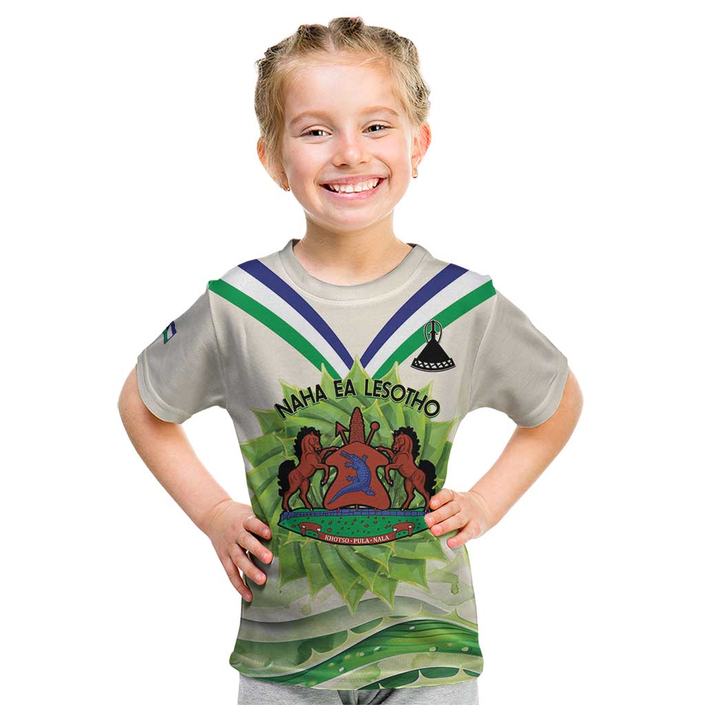 Personalised Lesotho Independence Day Kid T Shirt Aloe Polyphylla Mix Coat Of Arms - Wonder Print Shop
