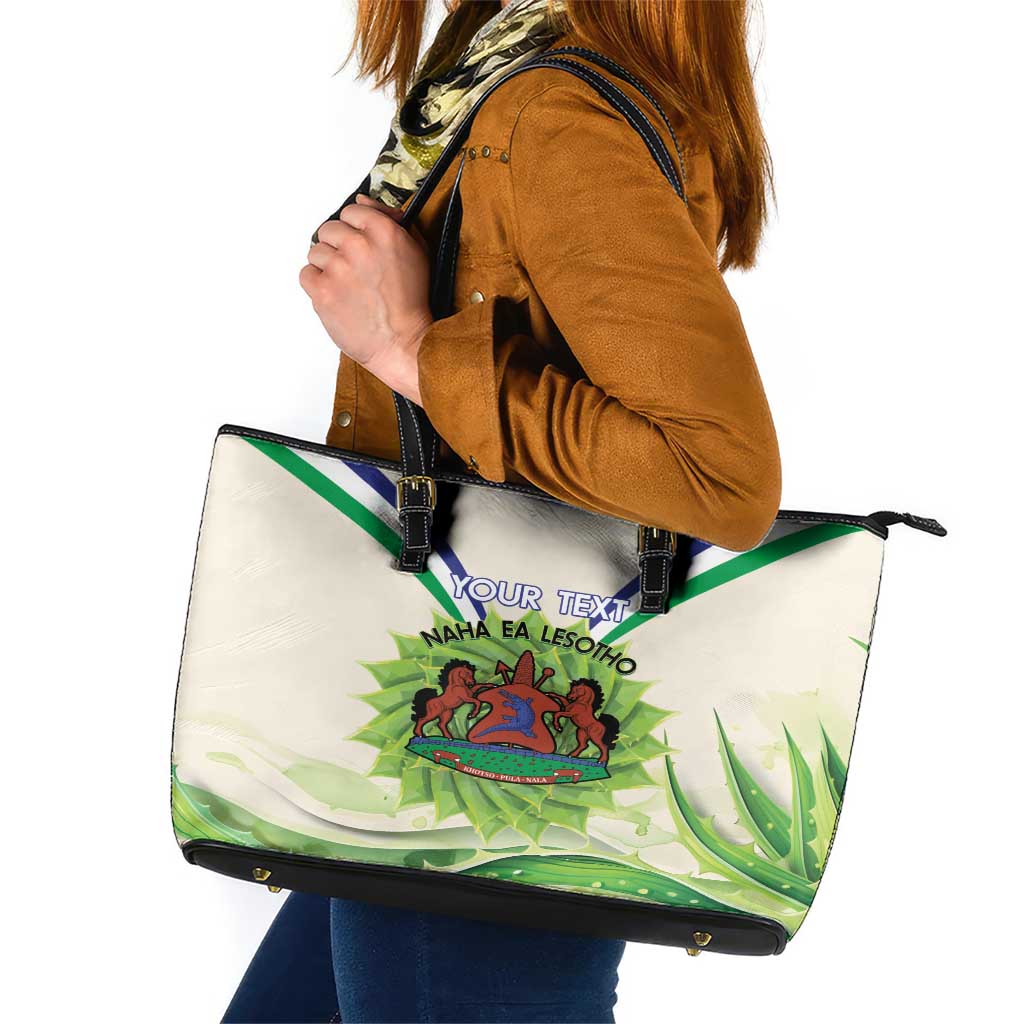 Personalised Lesotho Independence Day Leather Tote Bag Aloe Polyphylla Mix Coat Of Arms - Wonder Print Shop