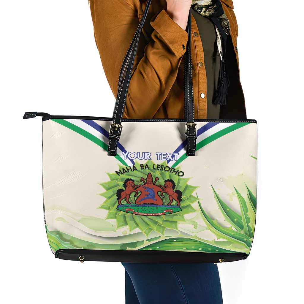 Personalised Lesotho Independence Day Leather Tote Bag Aloe Polyphylla Mix Coat Of Arms - Wonder Print Shop