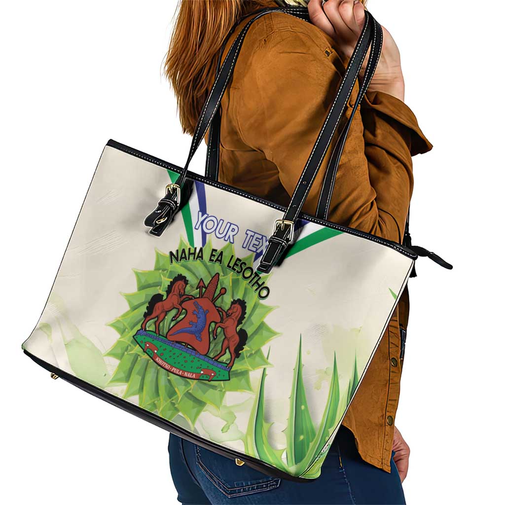 Personalised Lesotho Independence Day Leather Tote Bag Aloe Polyphylla Mix Coat Of Arms - Wonder Print Shop