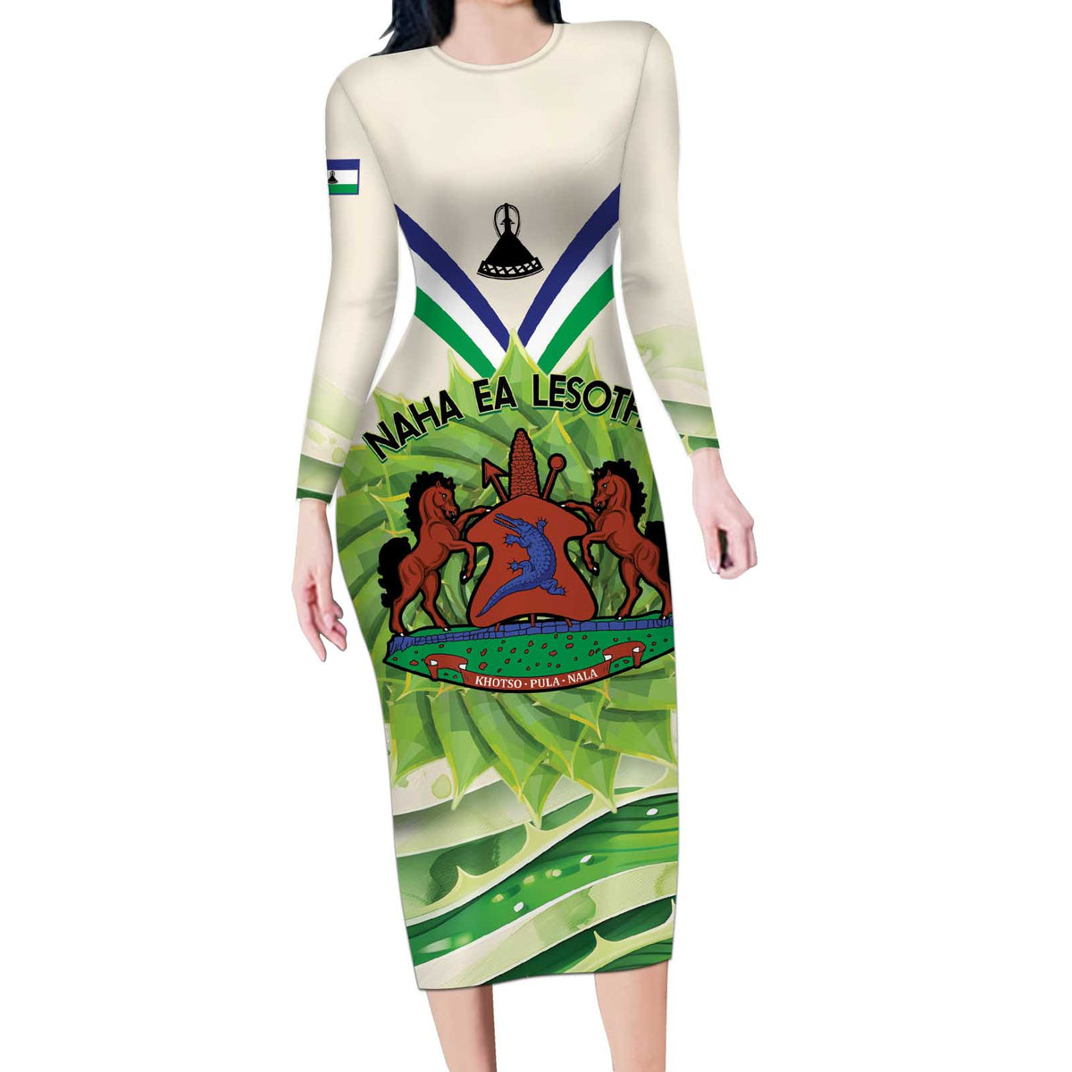 Personalised Lesotho Independence Day Long Sleeve Bodycon Dress Aloe Polyphylla Mix Coat Of Arms - Wonder Print Shop