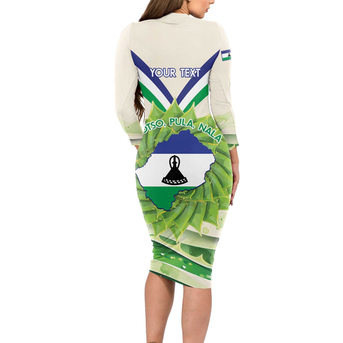 Personalised Lesotho Independence Day Long Sleeve Bodycon Dress Aloe Polyphylla Mix Coat Of Arms - Wonder Print Shop